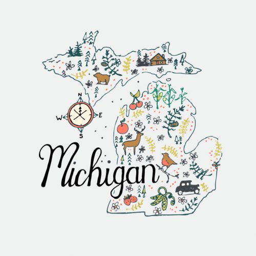 illustration vintage michigan map tourist towns